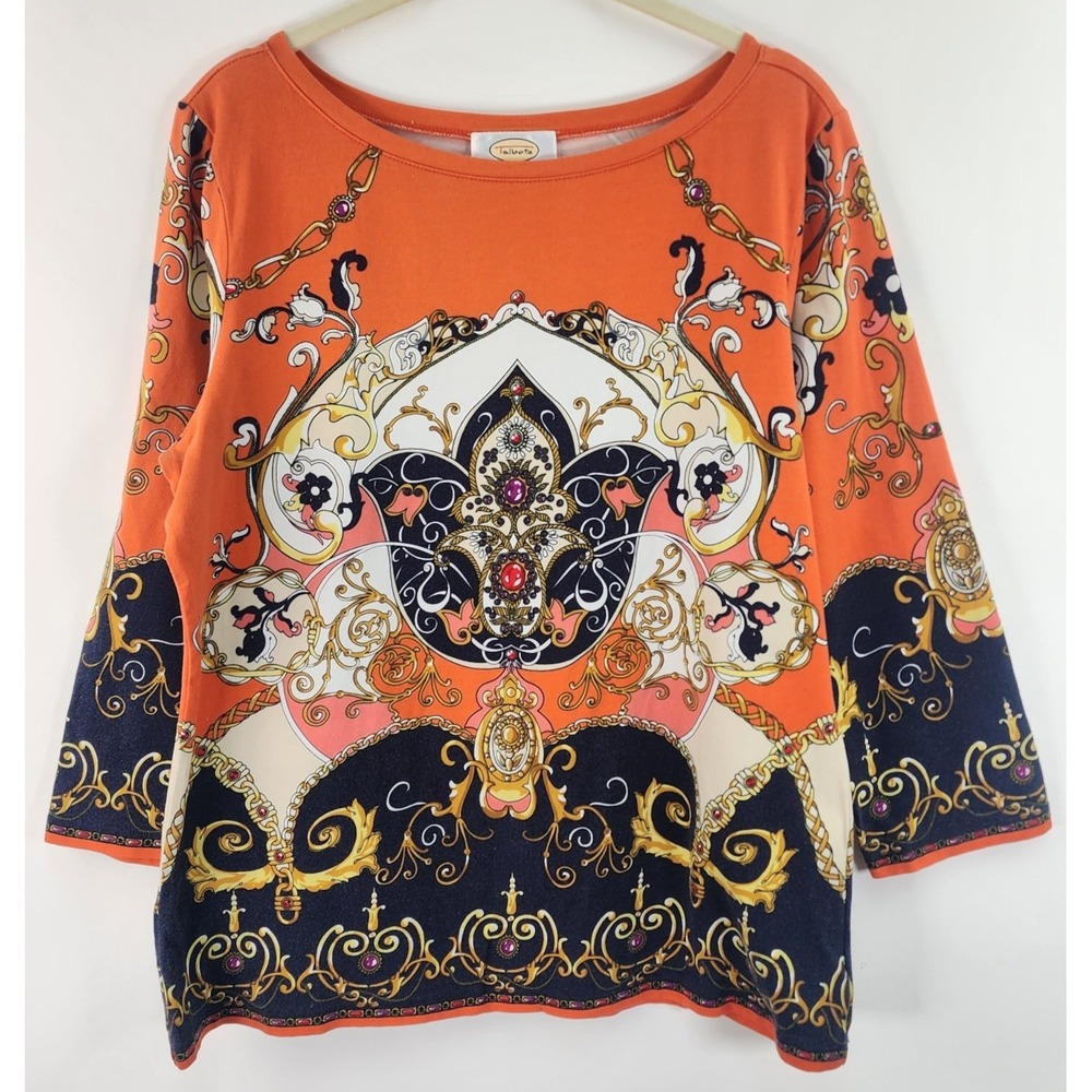 Talbots 3/4 Sleeve Top Women's L Orange Multicolor Stretch Resort Wear